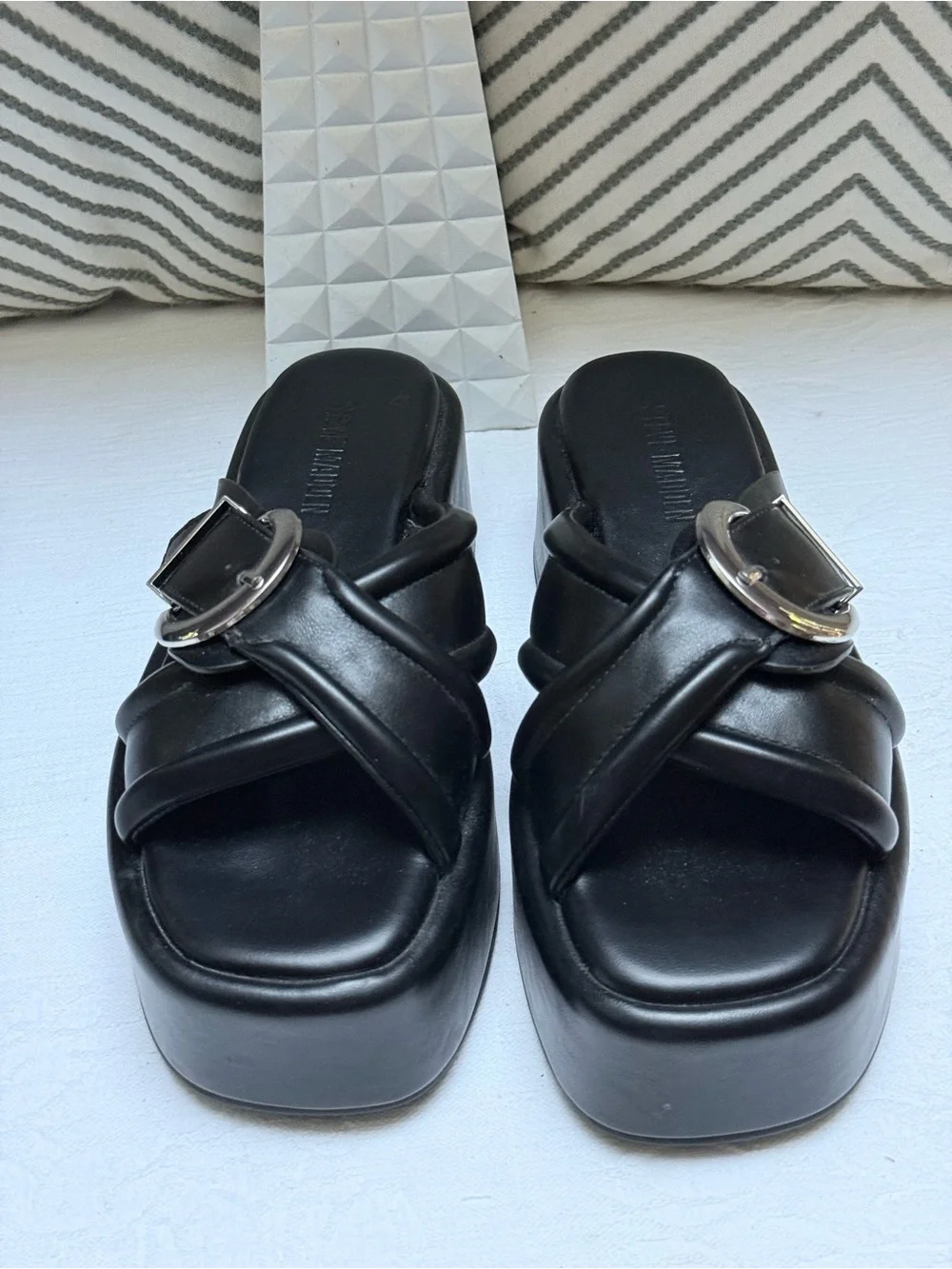 Steve Madden Black Crisscross Platform Slide Sandals with Silver Buckles